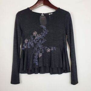 Lauren Conrad XS Black Embroidered Peplum Sweater
